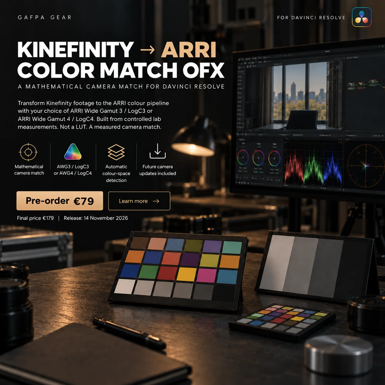 Kinefinity to ARRI Color Match OFX promotional artwork with DaVinci Resolve, colour charts and development pre-order