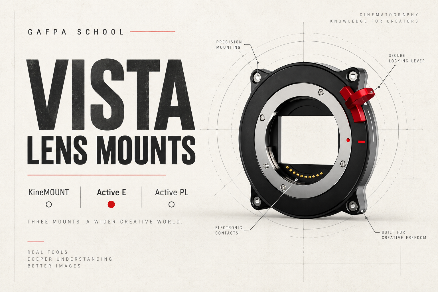 Gafpa School VISTA lens mounts guide: KineMOUNT, Active E and Active PL